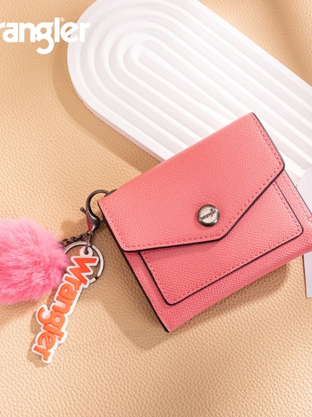Wrangler Tri-Fold Wallet with Keyring Pom Pom Peach